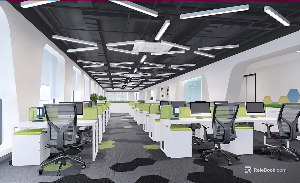 Public Office Space Interior With Open Workstations Office Chairs Geometric Floor And Ceiling Lights 3d model