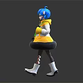 Anime Style Blue Haired Character Figure With White Yellow Coat Yellow Skirt And Green Object