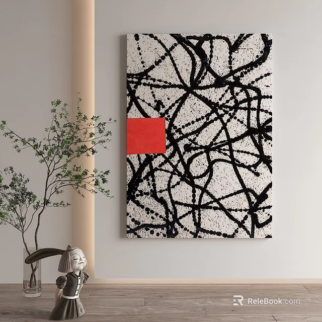 Abstract Art Painting On Wall With Black Lines Red Square Green Plant And Sculpture 3d model