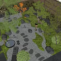 Serene Garden Courtyard with Stepping Stones Lush Greenery Decorative Rocks Circular Patterns and Wooden Fence