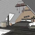 Hotel Guest Room with Sloped Roof Skylight Black Bed White Pillows Green Sofa Wicker Basket