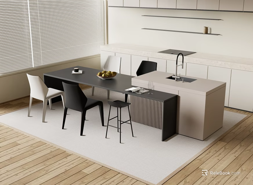 Modern Bar Counter Interior Design With Marble Top And Black Bar Stools 3d model 