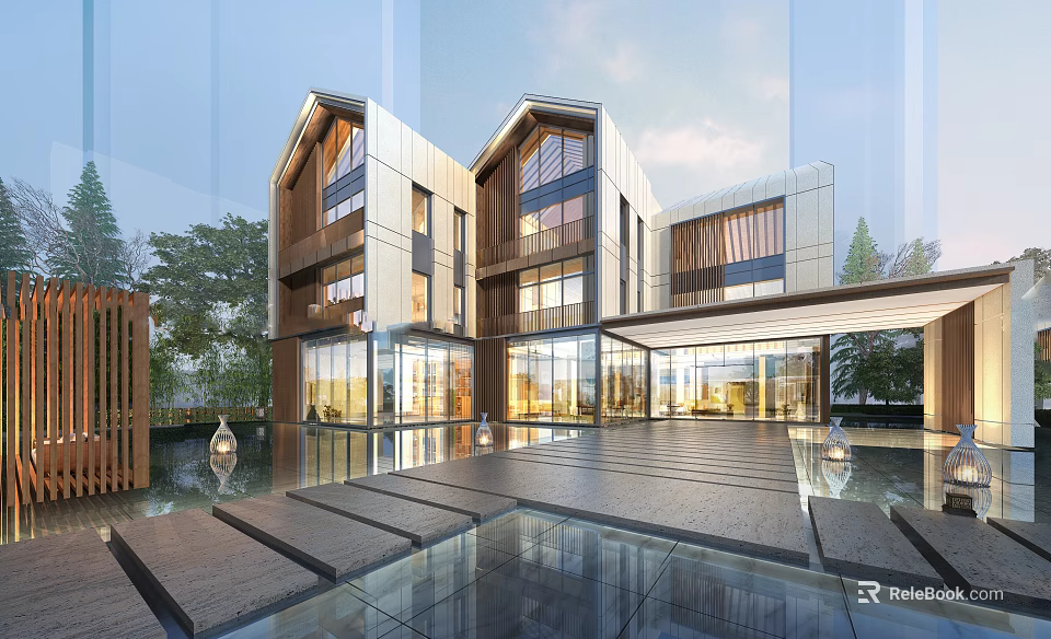 Modern Sales Office Building With Glass Curtain Wall Wooden Accents And Spacious Waterfront Plaza 3d model 