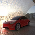 Red Car Parked By Water Curtain In Sunlight 3d model