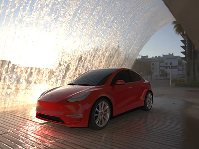 Red Car Parked By Water Curtain In Sunlight 3d model