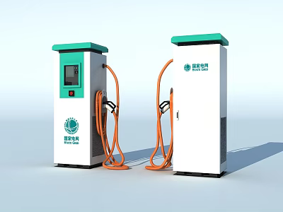 Modern Electric Vehicle Charging Stations With Green White Exterior And Orange Cables 3d model