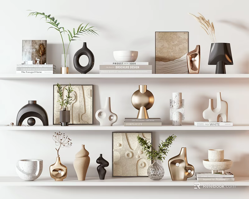 Modern Minimalist Decorative Ornament Set For Shelf Display With Vases Sculptures Plants And Books 3d model 