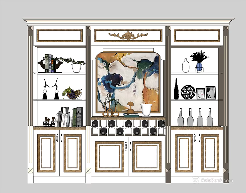 Elegant White Wine Cabinet With Gold Accents Abstract Painting And Decorative Bottles 3d model 