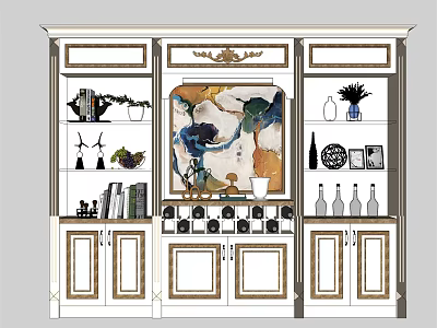 Elegant White Wine Cabinet With Gold Accents Abstract Painting And Decorative Bottles 3d model