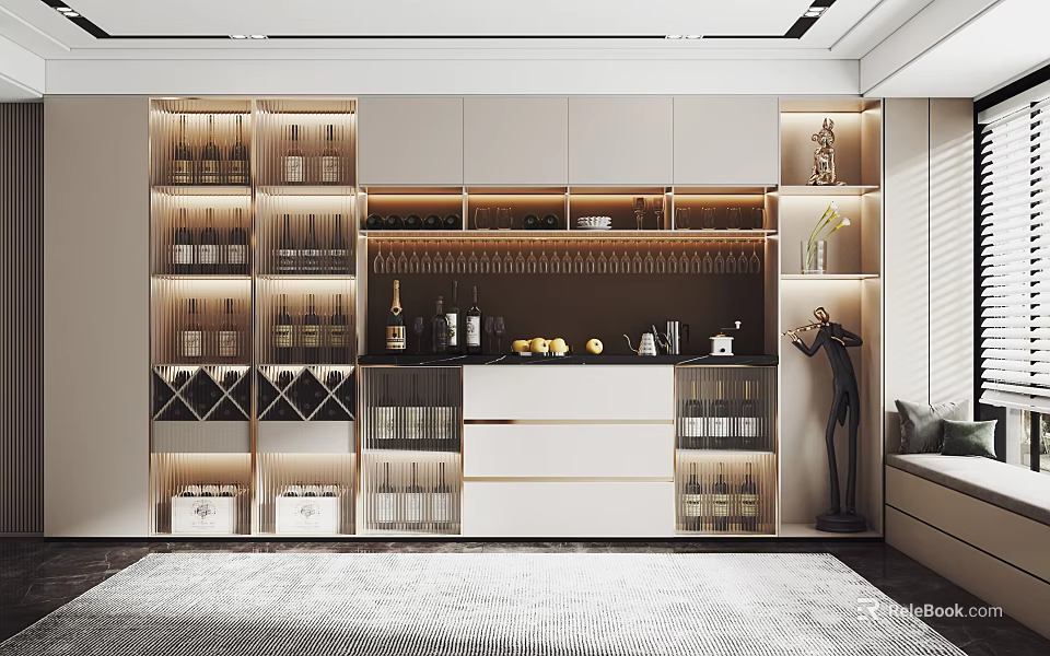 Elegant Modern Wine Cabinet Design With Wine Racks Glasses Lighting And Decorative Items 3d model 