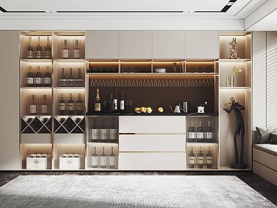 Elegant Modern Wine Cabinet Design With Wine Racks Glasses Lighting And Decorative Items 3d model