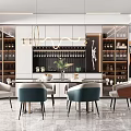 Elegant Modern Restaurant Interior With Wine Racks Pendant Lights Dining Table And Chairs