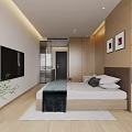 Modern Hotel Guest Room Interior With Wooden Shelves TV Bed Plant And Lighting