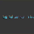 Five blue butterflies with yellow and red spots arranged on black background with reflections