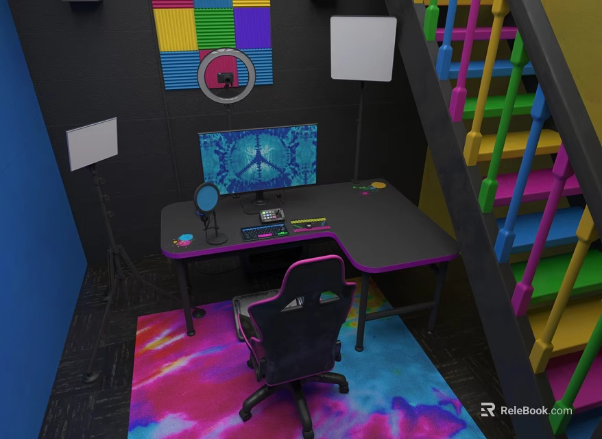 Vibrant Desk Setup Featuring Peace Sign Blue Screen Colorful Decor And Tie Dye Rug 3d model 