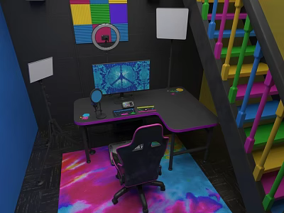 Vibrant Desk Setup Featuring Peace Sign Blue Screen Colorful Decor And Tie Dye Rug 3d model