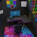 Vibrant Desk Setup Featuring Peace Sign Blue Screen Colorful Decor And Tie Dye Rug