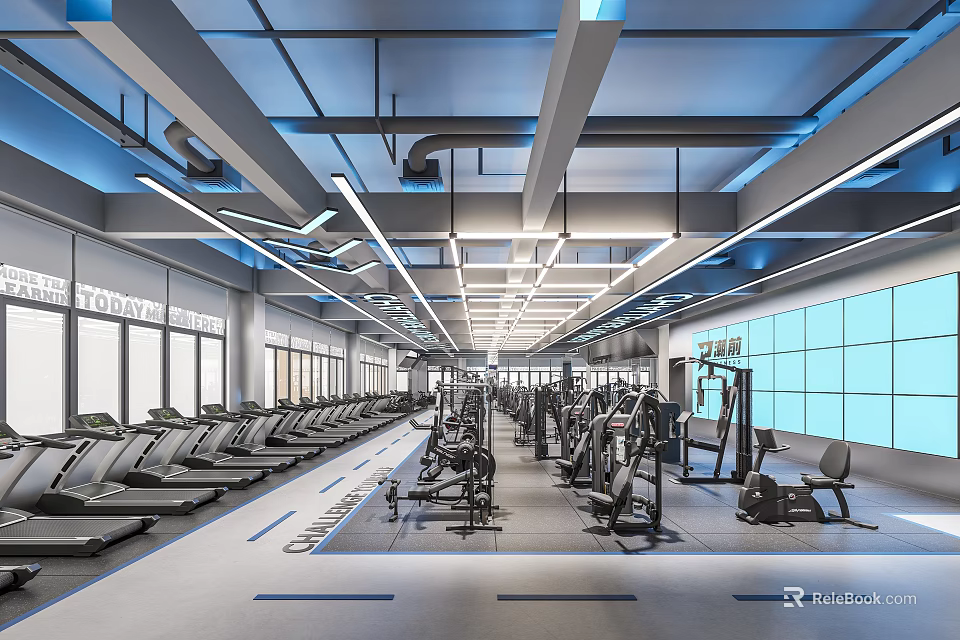 Spacious Body Dynamic Gym Interior With Treadmills Various Fitness Equipment And Blue Lighting Windows 3d model 