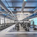 Spacious Body Dynamic Gym Interior With Treadmills Various Fitness Equipment And Blue Lighting Windows