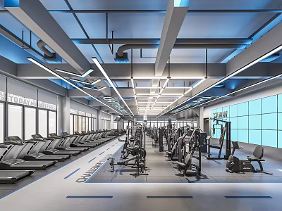 Spacious Body Dynamic Gym Interior With Treadmills Various Fitness Equipment And Blue Lighting Windows 3d model