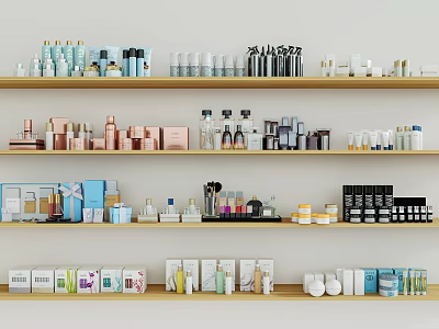 Assorted Perfumes And Cosmetics Displayed On Wooden Shelves With Various Beauty Products 3d model