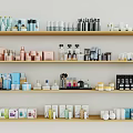 Assorted Perfumes And Cosmetics Displayed On Wooden Shelves With Various Beauty Products