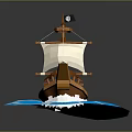 Decorative Pirate Ship Model with Brown Hull White Sail Black Flag and Blue Wave Base