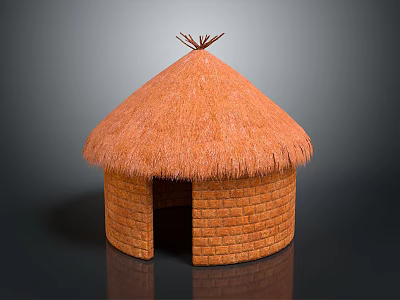 Traditional Thatch Roof House With Round Brick Walls And Decorative Twigs 3d model