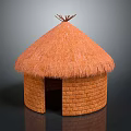 Traditional Thatch Roof House With Round Brick Walls And Decorative Twigs