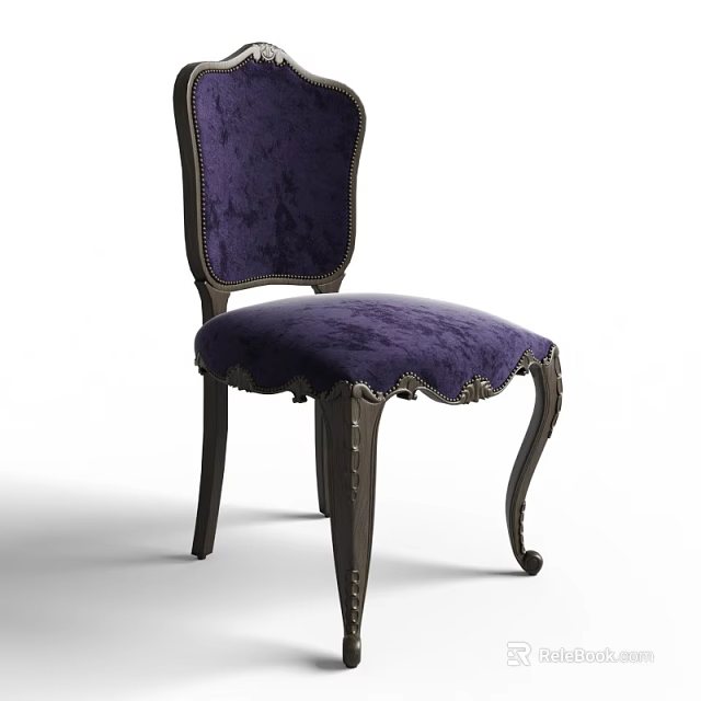 Elegant Purple Velvet Dining Chair With Dark Carved Legs And Ornate Design 3d model 