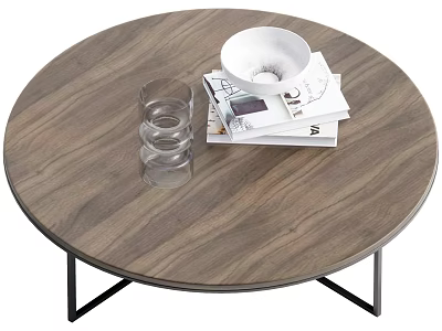 Round Wooden Coffee Table With Black Metal Legs Clear Glass Cups Magazines And White Bowl 3d model