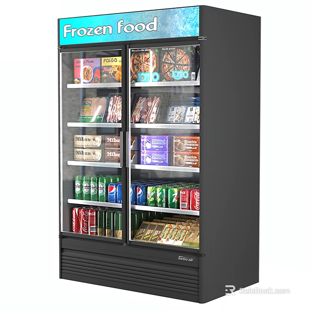 Commercial Display Showcase Shelf Featuring Double Glass Doors Stocked With Beverages And Snacks 3d model 