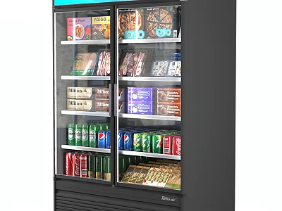 Commercial Display Showcase Shelf Featuring Double Glass Doors Stocked With Beverages And Snacks 3d model