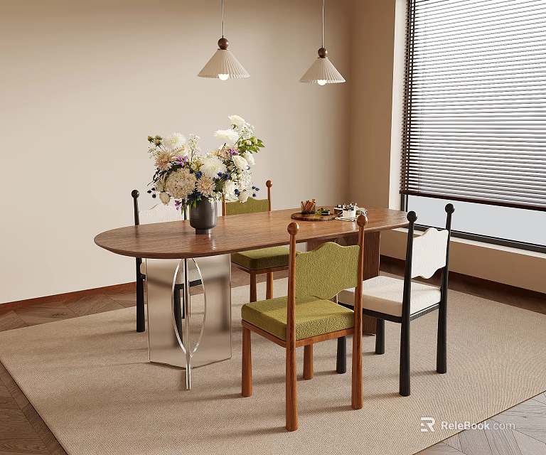 Modern Dining Table And Chairs Set With Green White Seats Wooden Legs And Pendant Lights 3d model 