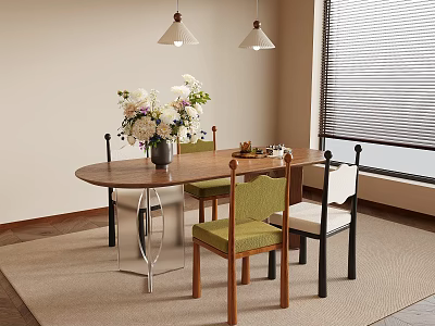 Modern Dining Table And Chairs Set With Green White Seats Wooden Legs And Pendant Lights 3d model
