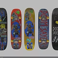 Five Skateboards With Colorful Graphic Designs And Distinctive Artwork Prints