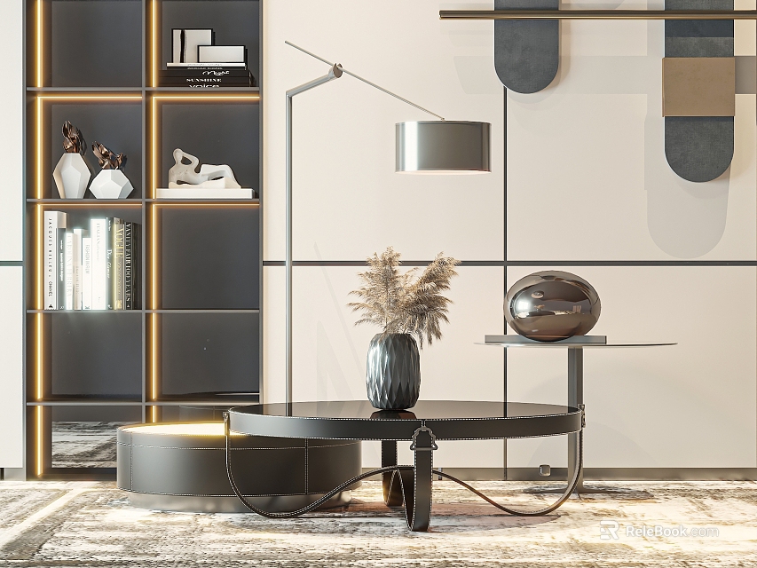 Modern Black Round Coffee Table with Metal Frame and Vase in Living Room 3d model 