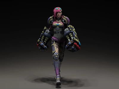 Sci Fi Game Movie Character With Pink Hair And Mechanical Combat Armor 3d model