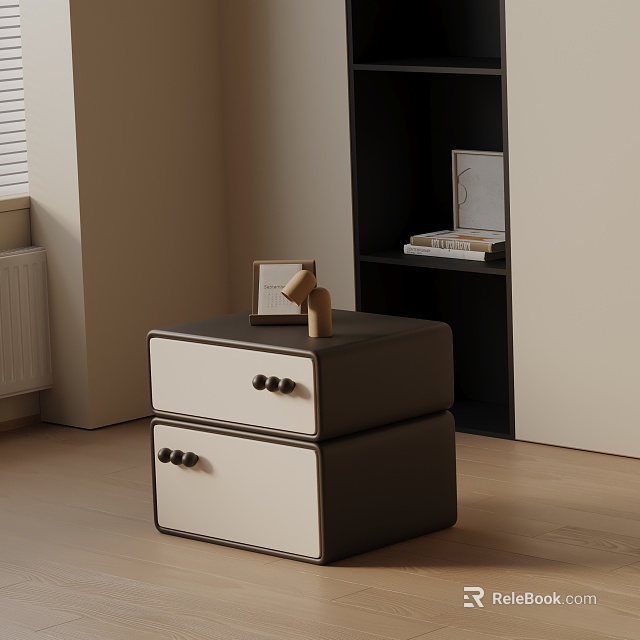Bedroom Nightstand With Two Drawers Wooden Knobs Picture Frame Small Wooden Figure And Shelf Nearby 3d model 
