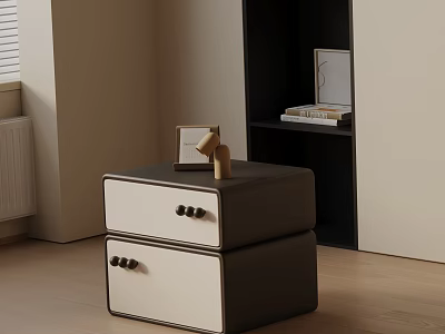 Bedroom Nightstand With Two Drawers Wooden Knobs Picture Frame Small Wooden Figure And Shelf Nearby 3d model