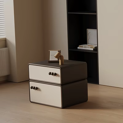 Bedroom Nightstand With Two Drawers Wooden Knobs Picture Frame Small Wooden Figure And Shelf Nearby 3d model