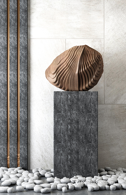 Artistic Wooden Sculpture With Wavy Texture On Gray Stone Pedestal And Textured Wall 3d model 