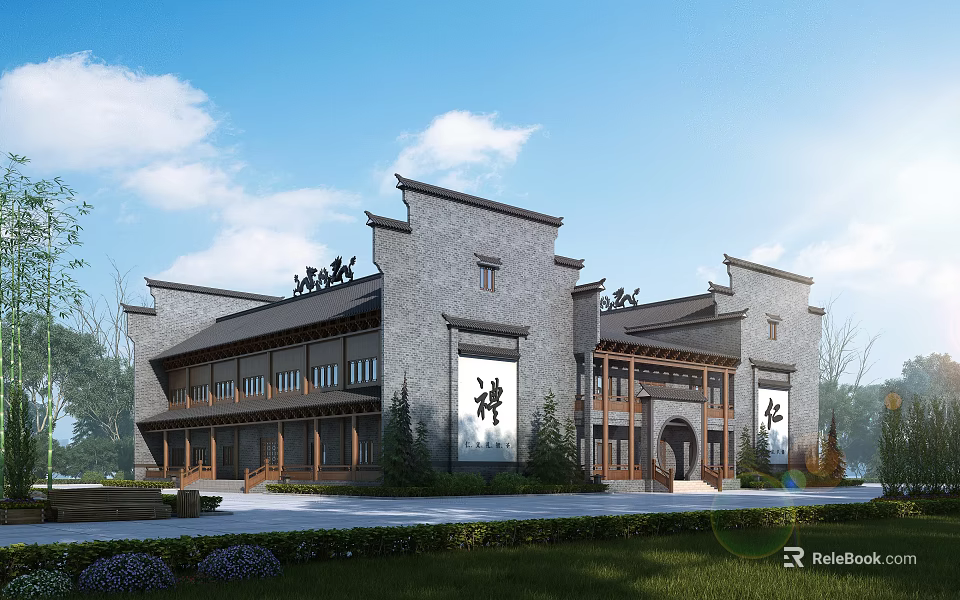 Ancient Chinese Traditional Architecture Featuring Gray Brick Walls Overhanging Eaves and Greenery 3d model 