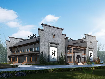 Ancient Chinese Traditional Architecture Featuring Gray Brick Walls Overhanging Eaves and Greenery 3d model