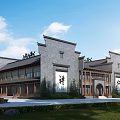 Ancient Chinese Traditional Architecture Featuring Gray Brick Walls Overhanging Eaves and Greenery