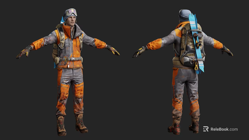 Man in Orange and Gray Uniform with Goggles Backpack and Blue Equipment Standing Pose 3d model 