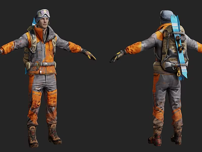 Man in Orange and Gray Uniform with Goggles Backpack and Blue Equipment Standing Pose 3d model