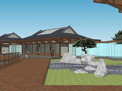 Traditional Architectural Landscape With Wooden Structure Roof Glass Windows And Lawn Stones Tree Blue Sky 3d model
