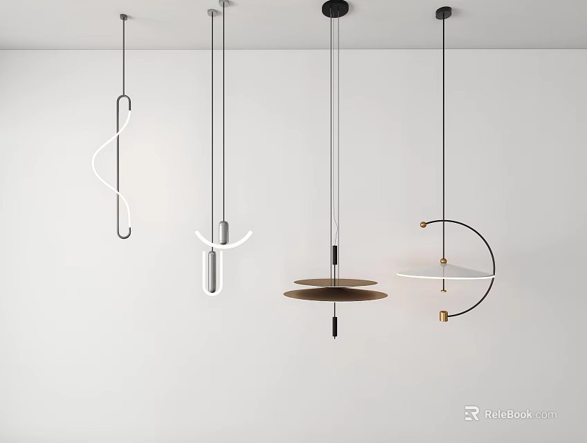 Modern Pendant Lights With Various Unique Designs Hanging On White Wall 3d model