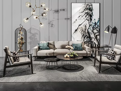 Elegant Modern Sofa Coffee Table Set With Decorative Cushions Chairs Chandelier And Area Rug 3d model